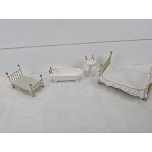 Vintage Porcelain Dollhouse Furniture Lot Bathroom Bedroom Bed Sink Bathtub Gold